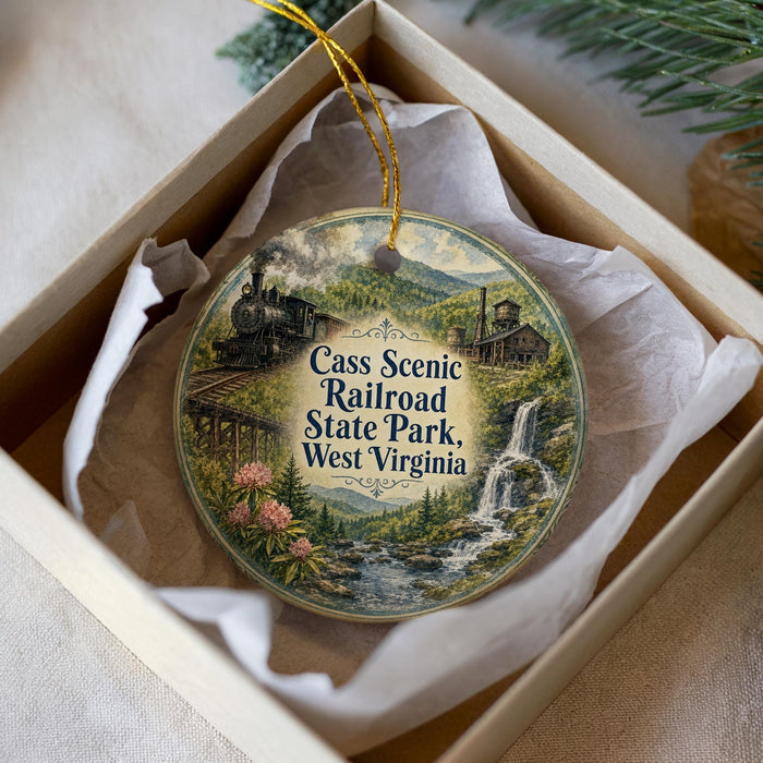 A decorative ornament in a box, featuring a scenic image of a train and a waterfall, with the text "Cass Scenic Railroad State Park, West Virginia" prominently displayed.