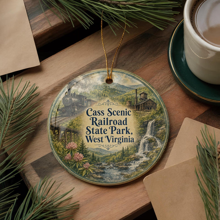 A decorative ornament featuring a train and a scenic landscape, with the text "CASS SCENIC RAILROAD STATE PARK, West Virginia" prominently displayed.