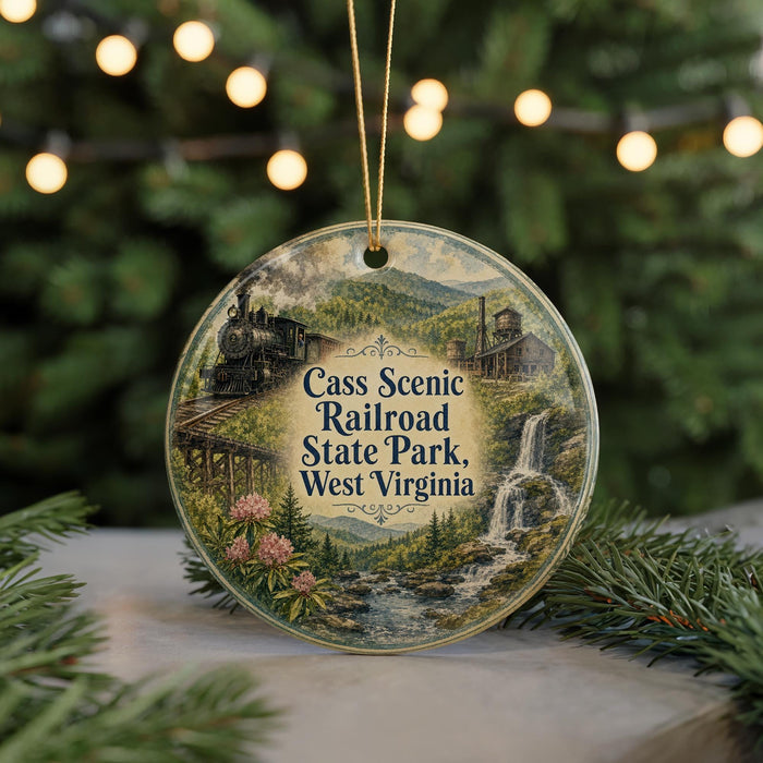A decorative ornament featuring a scenic image of the Cass Scenic Railroad State Park in West Virginia, with a Christmas tree in the background.