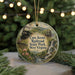A decorative ornament featuring a scenic image of the Cass Scenic Railroad State Park in West Virginia, with a Christmas tree in the background.