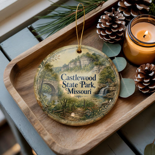 A decorative ornament featuring a scenic landscape of Castwood State Park, Missouri, with a candle and pine cones on a wooden tray.