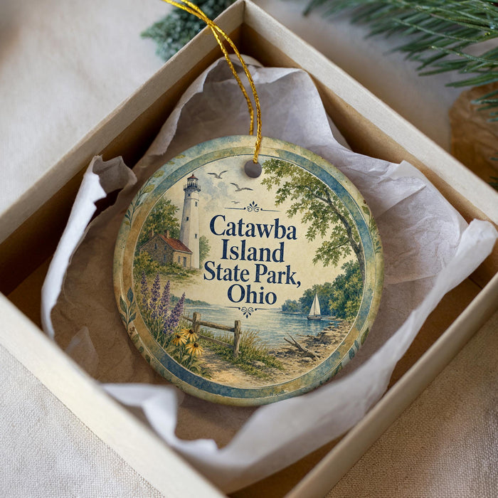 A decorative ornament in a box, featuring a lighthouse and a scenic landscape, with the text "Catawba Island State Park, Ohio" printed on it.