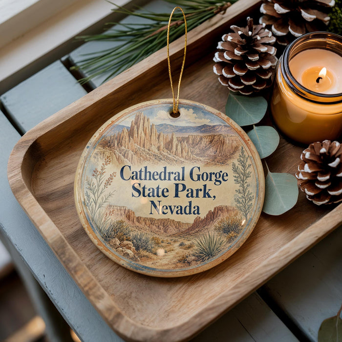 A decorative ornament with the text "Cathedral Gorge State Park, Nevada" on it, placed on a wooden tray alongside pine cones and a lit candle.