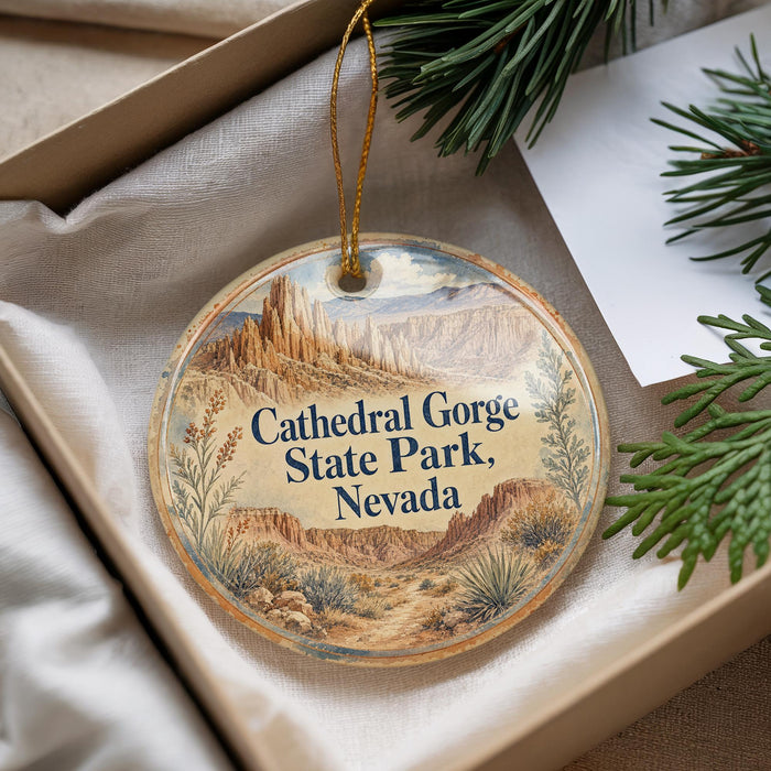A decorative ornament with a scenic image of the Cathedral Gorge State Park in Nevada, hanging from a string.