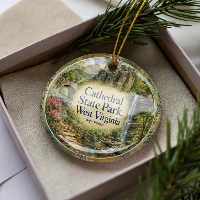 A decorative ornament in a box, featuring a scenic landscape with a waterfall and greenery, with the text "Cathedral State Park, West Virginia" prominently displayed.