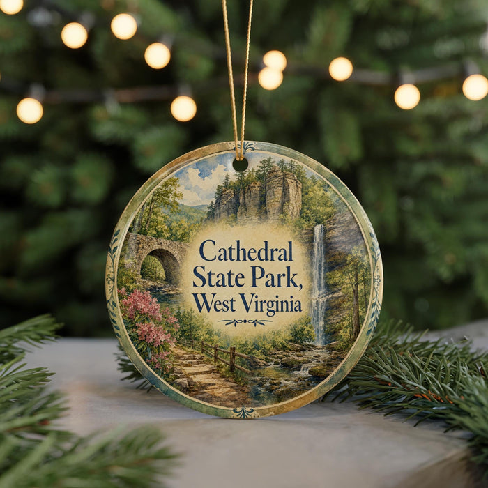 A circular ornament with a scenic image of a waterfall and a bridge, surrounded by greenery, hangs in front of a blurred background with twinkling lights.