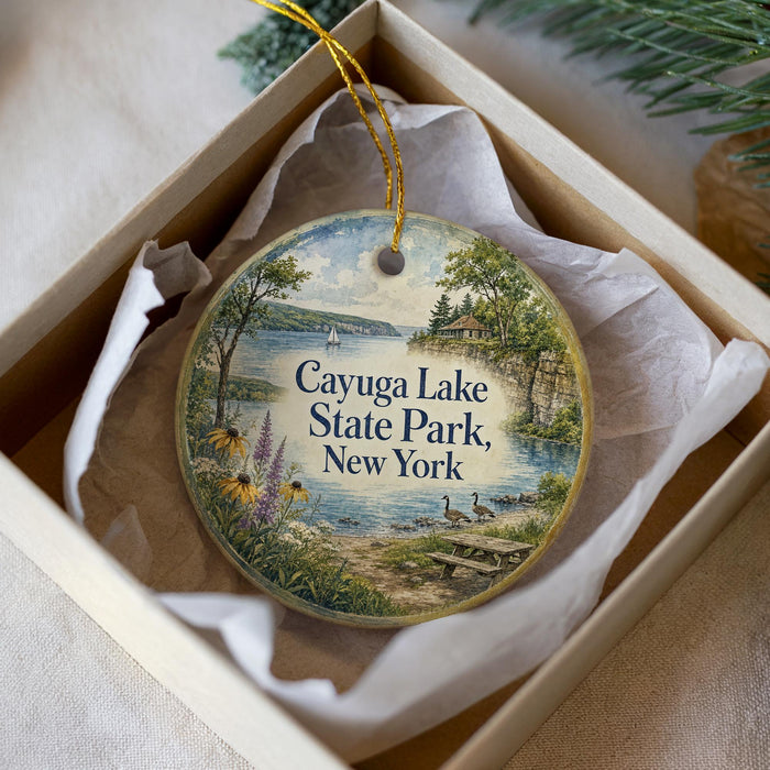 A decorative ornament in a box, featuring a scenic image of Cayuga Lake State Park in New York.