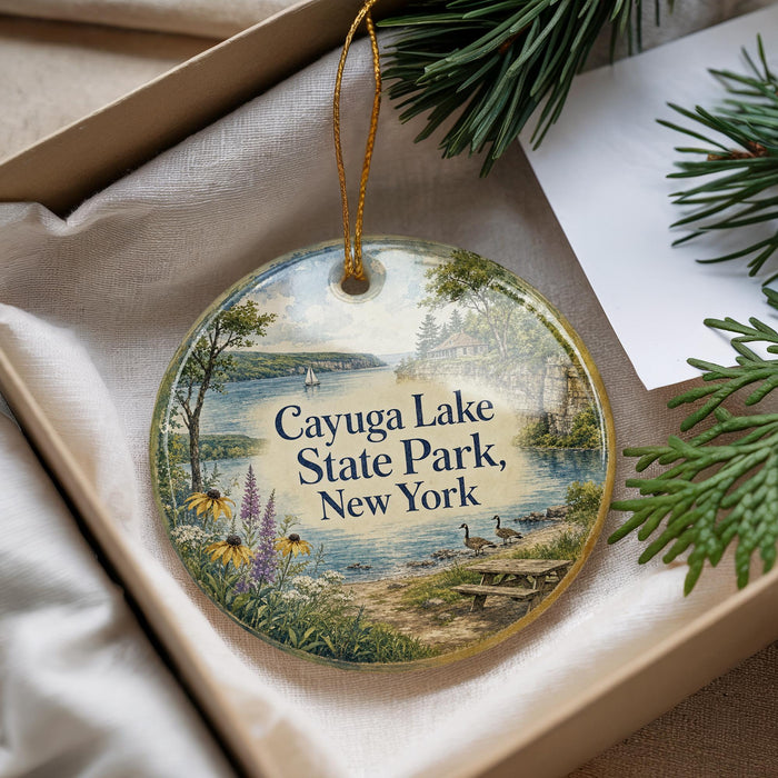 A decorative ornament with a scenic image of Cayuga Lake State Park, New York, featuring a lake, trees, and birds.