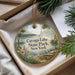 A decorative ornament with a scenic image of Cayuga Lake State Park, New York, featuring a lake, trees, and birds.