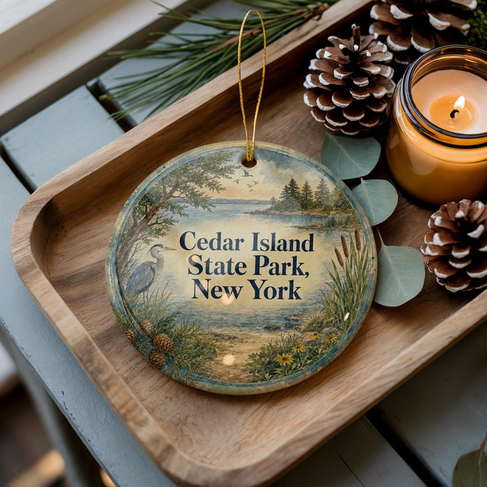 A decorative ornament with the text "Cedar Island State Park, New York" on it, placed on a wooden tray alongside pine cones and a lit candle.