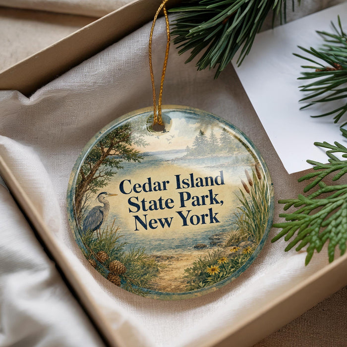 A decorative ornament with a scenic landscape of a lake, trees, and a bird, hanging from a string.