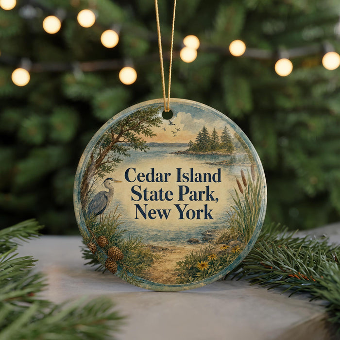 A circular ornament with a scenic landscape of a lake, trees, and a bird, hanging from a string.