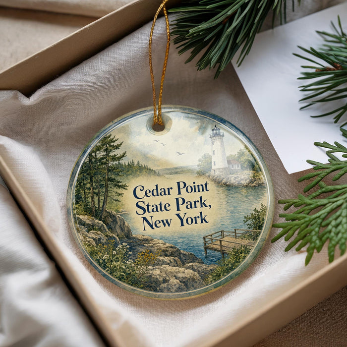 A decorative ornament with a lighthouse and a scenic landscape, featuring the text "Cedar Point State Park, New York".