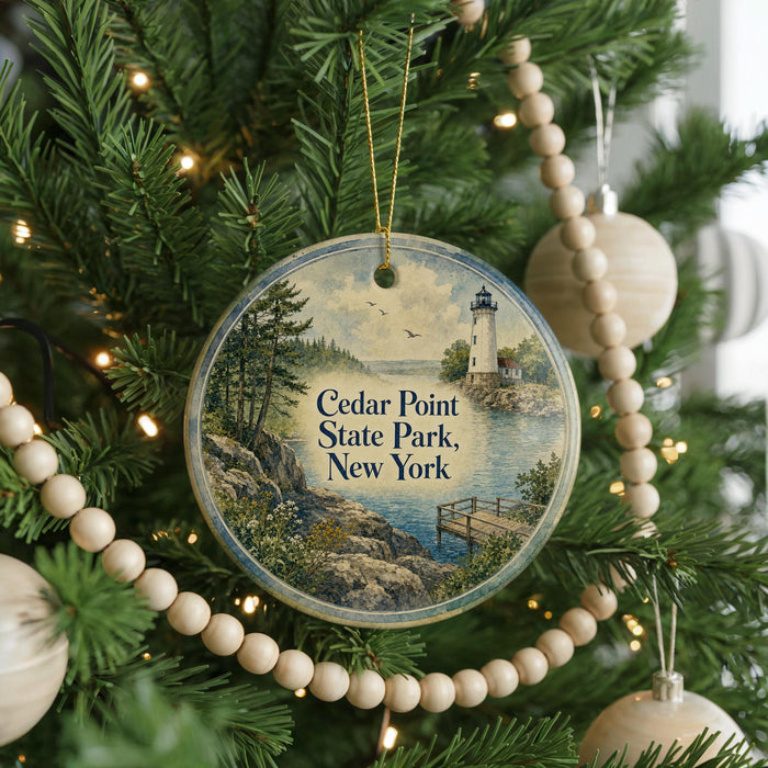 A round ornament hanging on a Christmas tree, featuring a scenic image of a lighthouse and a body of water.