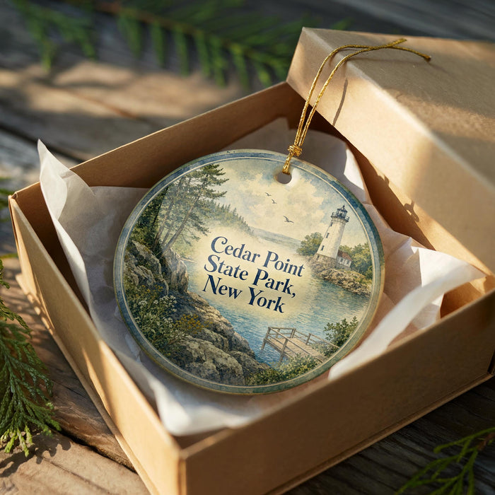 A decorative ornament in a box, featuring a lighthouse and a scenic landscape, with the text "Cedar Point State Park New York" printed on it.