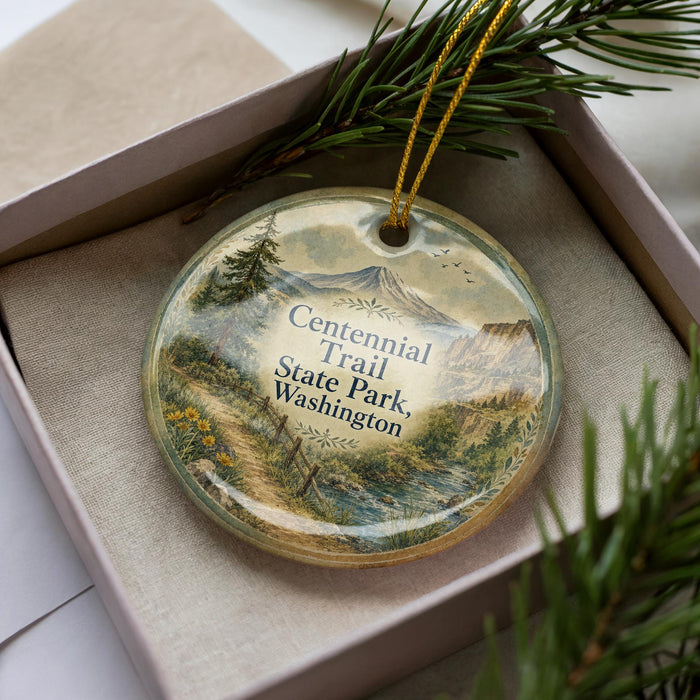 A decorative ornament in a box, featuring a scenic landscape with mountains, trees, and a winding path.