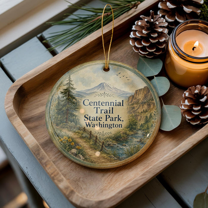 A decorative ornament featuring a scenic mountain landscape with pine trees and a winding path, placed on a wooden tray alongside pine cones and a lit candle.