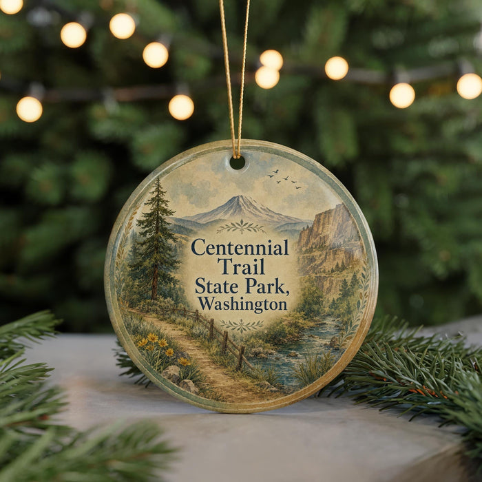A circular ornament with a scenic mountain landscape and trail, featuring the text "Centennial Trail State Park, Washington".