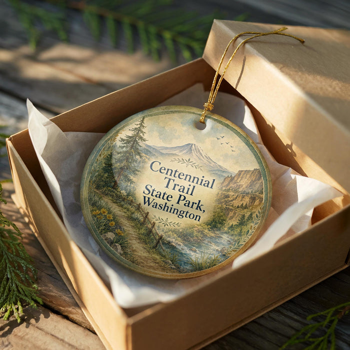 A decorative ornament in a wooden box, featuring a scenic mountain landscape with a trail and text that reads "Centennial Trail State Park Washington".