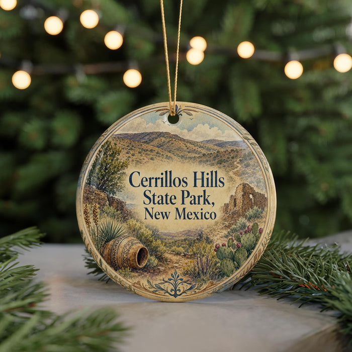 A decorative ornament with a landscape scene featuring a cactus, mountains, and a tree, hanging in front of a blurred background with Christmas lights.