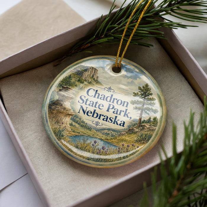 A decorative ornament in a box, featuring a scenic landscape with mountains, trees, and a body of water.