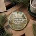 A round ornament with a scenic landscape of Chadron State Park, Nebraska, featuring a mountain, lake, and pine trees.