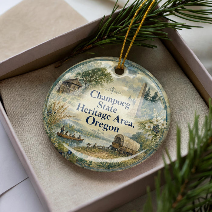 A decorative ornament with a scenic landscape and text, placed in a box with pine branches.