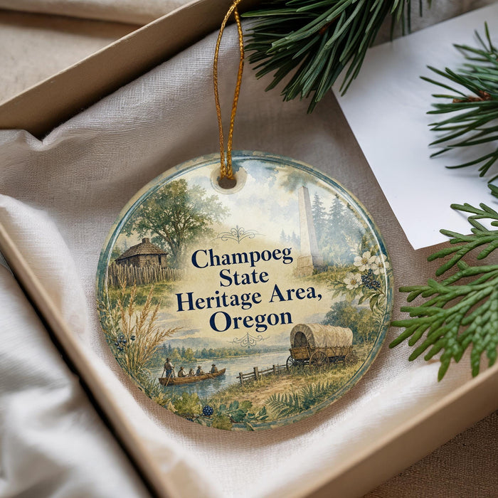 A decorative ornament with a scenic landscape and text that reads "Champog State Heritage Area, Oregon" is displayed in a box with pine branches.