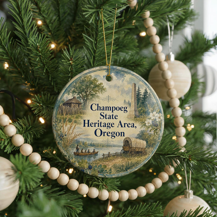 A round ornament hanging on a Christmas tree, featuring a scenic illustration of a river, a wagon, and a cabin, with the text "Chapog State Heritage Area, Oregon" displayed on it.