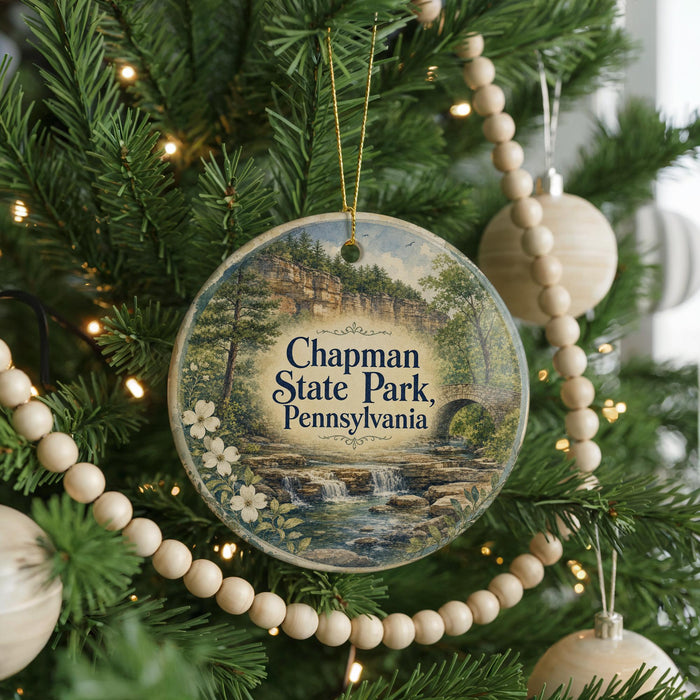 A round ornament hanging on a Christmas tree, featuring a scenic image of Chapman State Park in Pennsylvania.