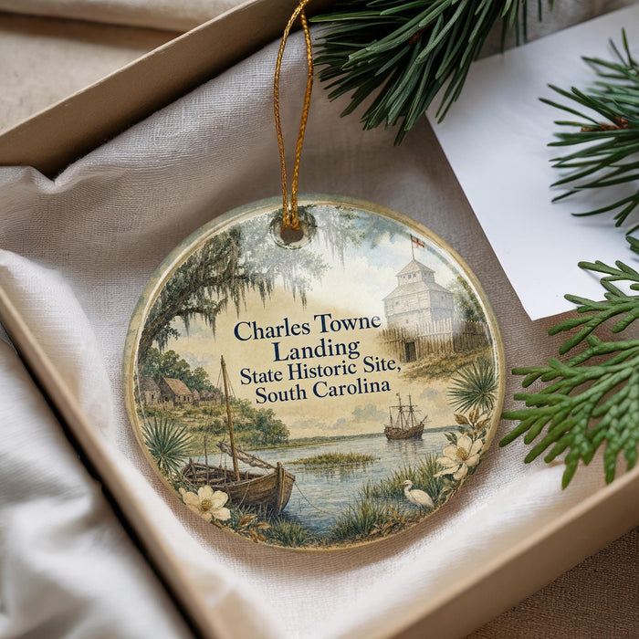 A decorative ornament with a painting of a ship and a landscape, featuring the text "Charles Towne Landing State Historic Site, South Carolina".