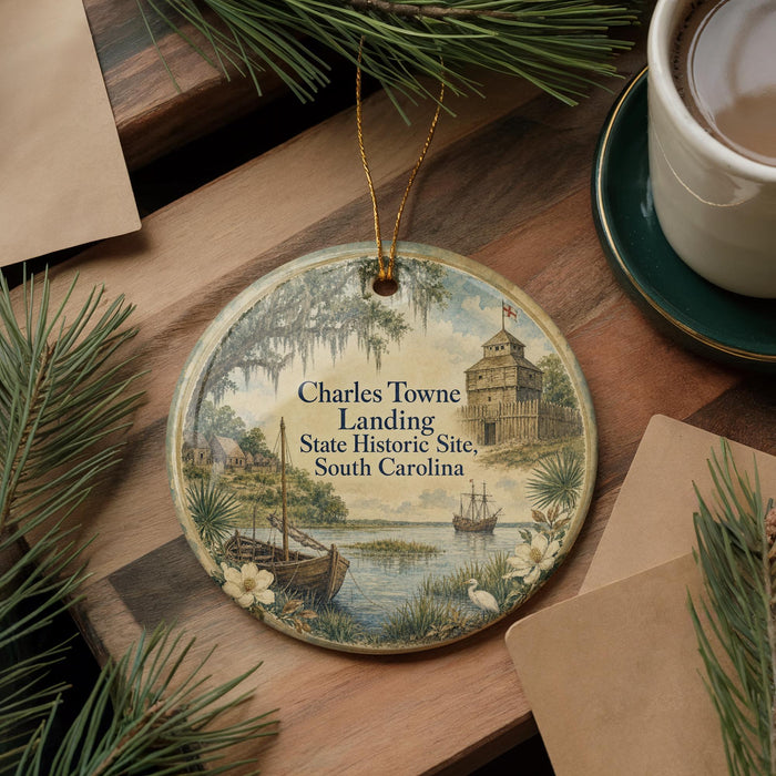 A decorative ornament featuring a scenic image of Charles Towne Landing, a historic site in South Carolina, with a boat and palm trees in the background.