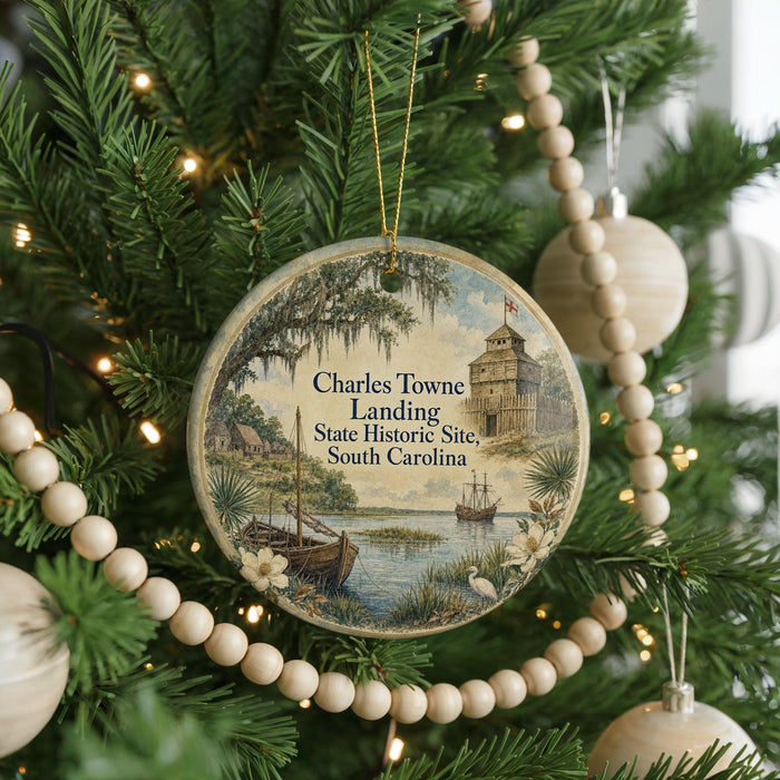 A round ornament hanging on a Christmas tree, featuring a scenic image of a town with a river and palm trees.