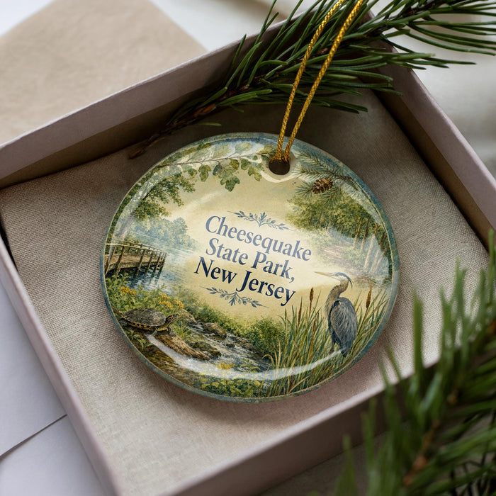 A decorative ornament in a box, featuring a scenic image of Chesequake State Park in New Jersey.