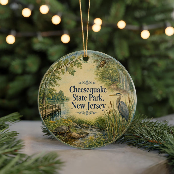 A round ornament with a scenic image of Chesequake State Park, New Jersey, featuring a bird, a bridge, and a river.