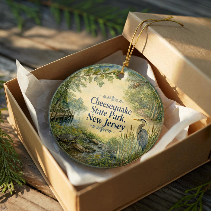 A decorative ornament in a brown box, featuring a scenic image of Chesequake State Park in New Jersey.