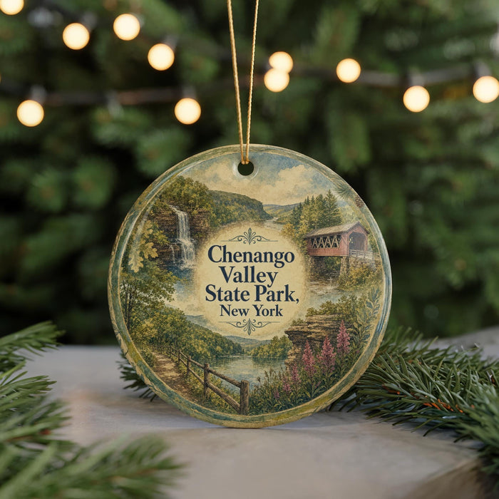 A round ornament with a scenic landscape of Chenango Valley State Park, New York, featuring a waterfall, bridge, and greenery.