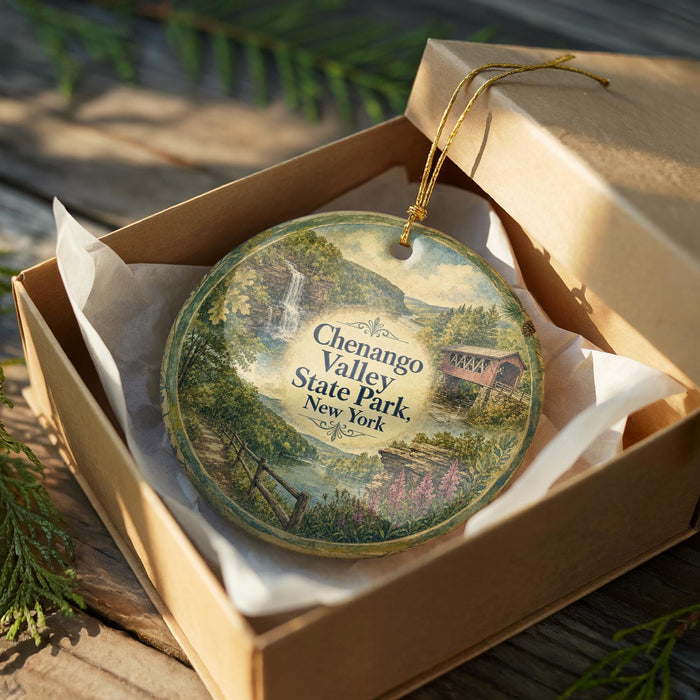 A decorative ornament in a wooden box, featuring a scenic landscape with a waterfall and a cabin, with the text "Cheangoo Valley State Park, New York" printed on it.