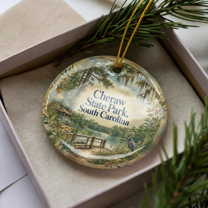 A decorative ornament in a box, featuring a scenic image of Cheraw State Park in South Carolina.