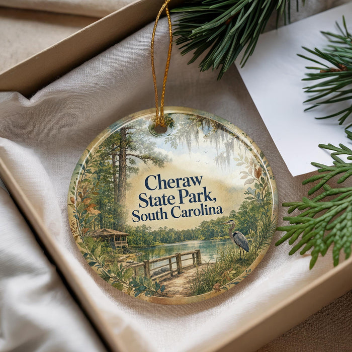 A decorative ornament with a scenic image of Cheraw State Park, South Carolina, hanging from a string.