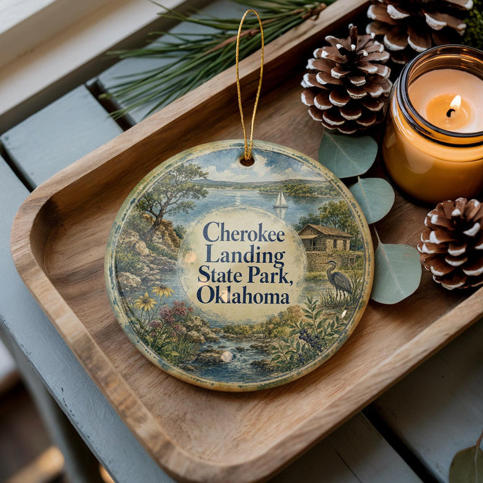A decorative ornament with a scenic image of Cherokee Landing State Park, Oklahoma, is displayed on a wooden tray alongside pine cones and a lit candle.