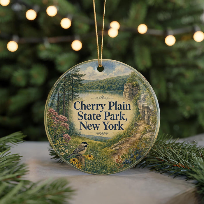 A round ornament with a scenic landscape of Cherry Plain State Park, New York, featuring a bird perched on a tree branch and a lake in the background.