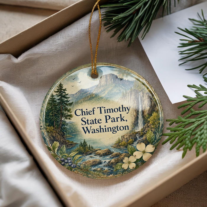 A decorative ornament with a scenic landscape of Chief Timothy State Park, Washington, featuring a waterfall and pine trees.