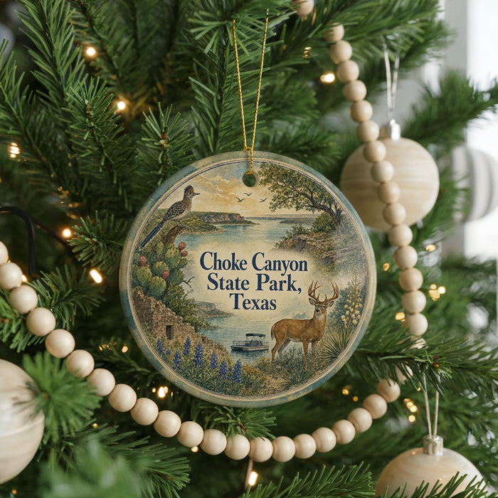 A round ornament on a Christmas tree, featuring a scenic image of Choque Canyon State Park, Texas, with a bird and deer in the foreground.