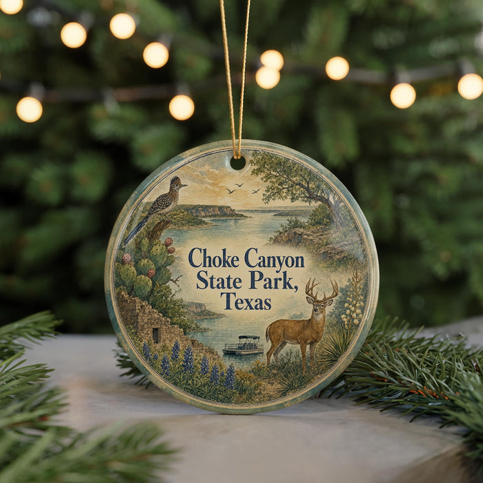 A round ornament with a scenic landscape featuring a deer, a bird, and a body of water, with the text "Choke Canyon State Park, Texas" displayed on it.
