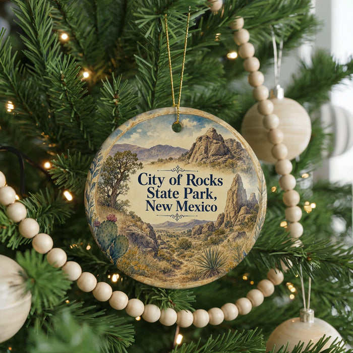 A round ornament hanging on a Christmas tree, featuring a scenic landscape with mountains and desert vegetation.