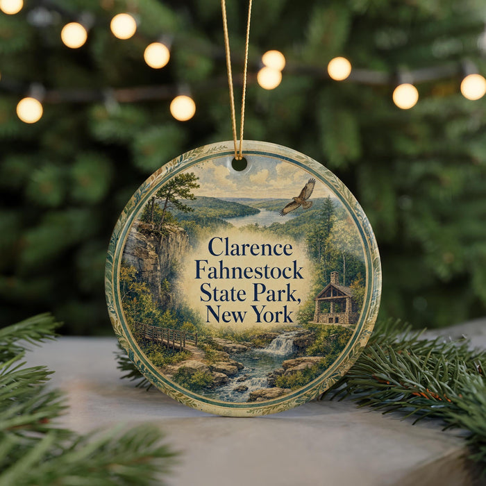 A round ornament with a scenic landscape of a forest, a waterfall, and a cabin, hanging on a string.