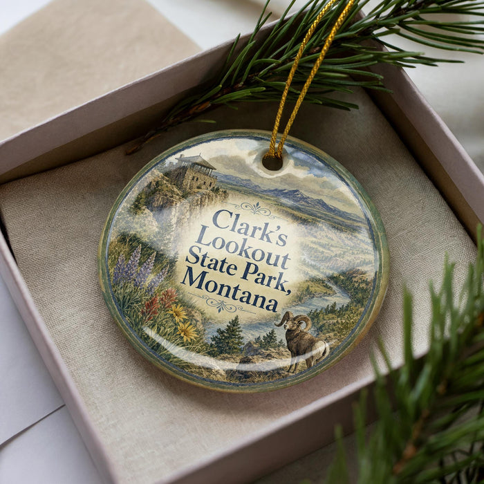 A decorative ornament in a box, featuring a scenic landscape with mountains, pine trees, and a castle-like structure.