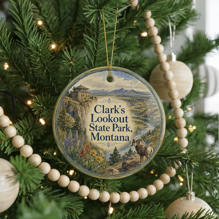 A round ornament hanging on a Christmas tree, featuring a scenic landscape with mountains, a river, and a building.
