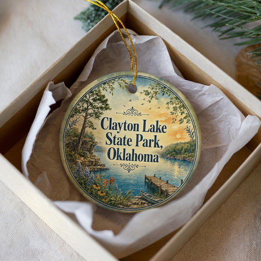 A round ornament with a scenic image of Clayton Lake State Park, Oklahoma, displayed in a box with a white tissue paper lining.